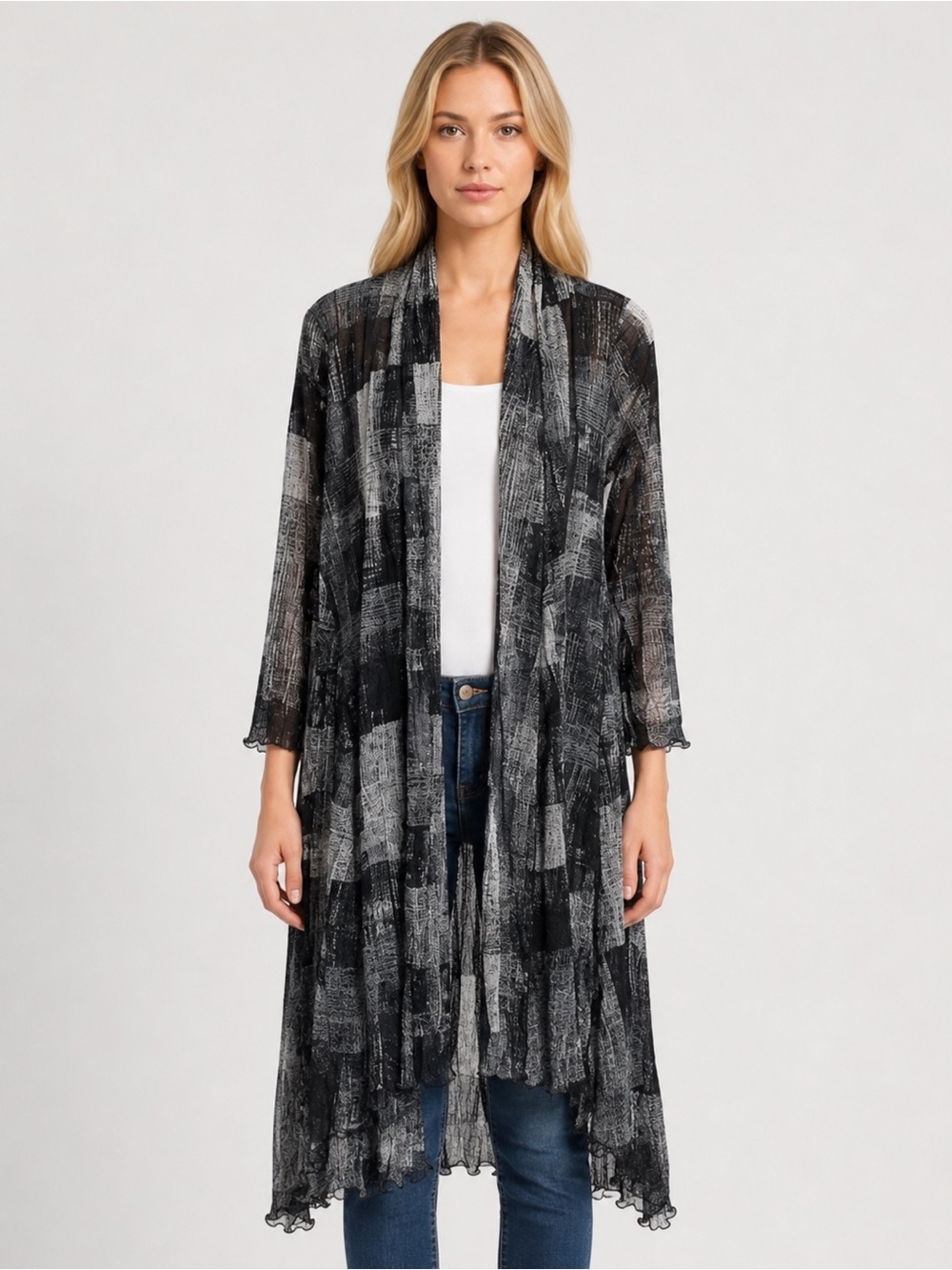 Comfy USA long cardigan duster Black white print mesh size small 3/4 sleeves
